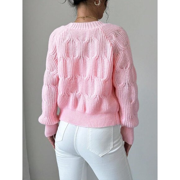 Women's Cropped Knit Cardigan Pink Large Button Open Front Cozy Sweater - Picture 3 of 8